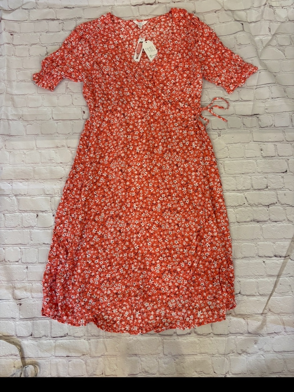Time and Tru Coral Floral Wrap-Style Midi Dress
